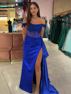 Royal Blue Off the Shoulder Satin Beaded Long Prom Dress with Appliques