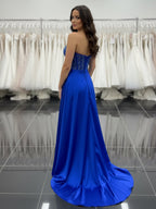 Royal Blue Satin A-Line Beaded Corset Bodice Prom Dress with High Slit