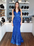 Royal Blue Sequin Embellished Mermaid Prom Dress with Illusion Cutouts
