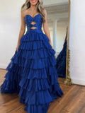Royal Blue Sequined Cutout Tiered Ruffle Prom Dress with Slit