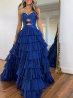 Royal Blue Sequined Cutout Tiered Ruffle Prom Dress with Slit