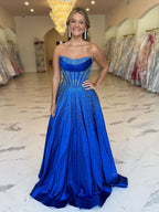 Robe de bal longue bustier en ligne A bleu royal scintillante