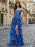 Royal Blue Strapless Corset Bodice Evening Dress with High Slit