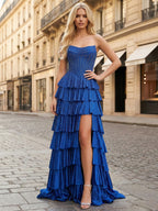 Royal Blue Strapless Tiered Ruffle Prom Dress with High Slit