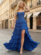 Royal Blue Strapless Tiered Ruffle Prom Dress with High Slit