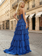 Royal Blue Strapless Tiered Ruffle Prom Dress with High Slit