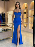 Royal Blue Sweetheart Beaded Corset Prom Dress with High Slit