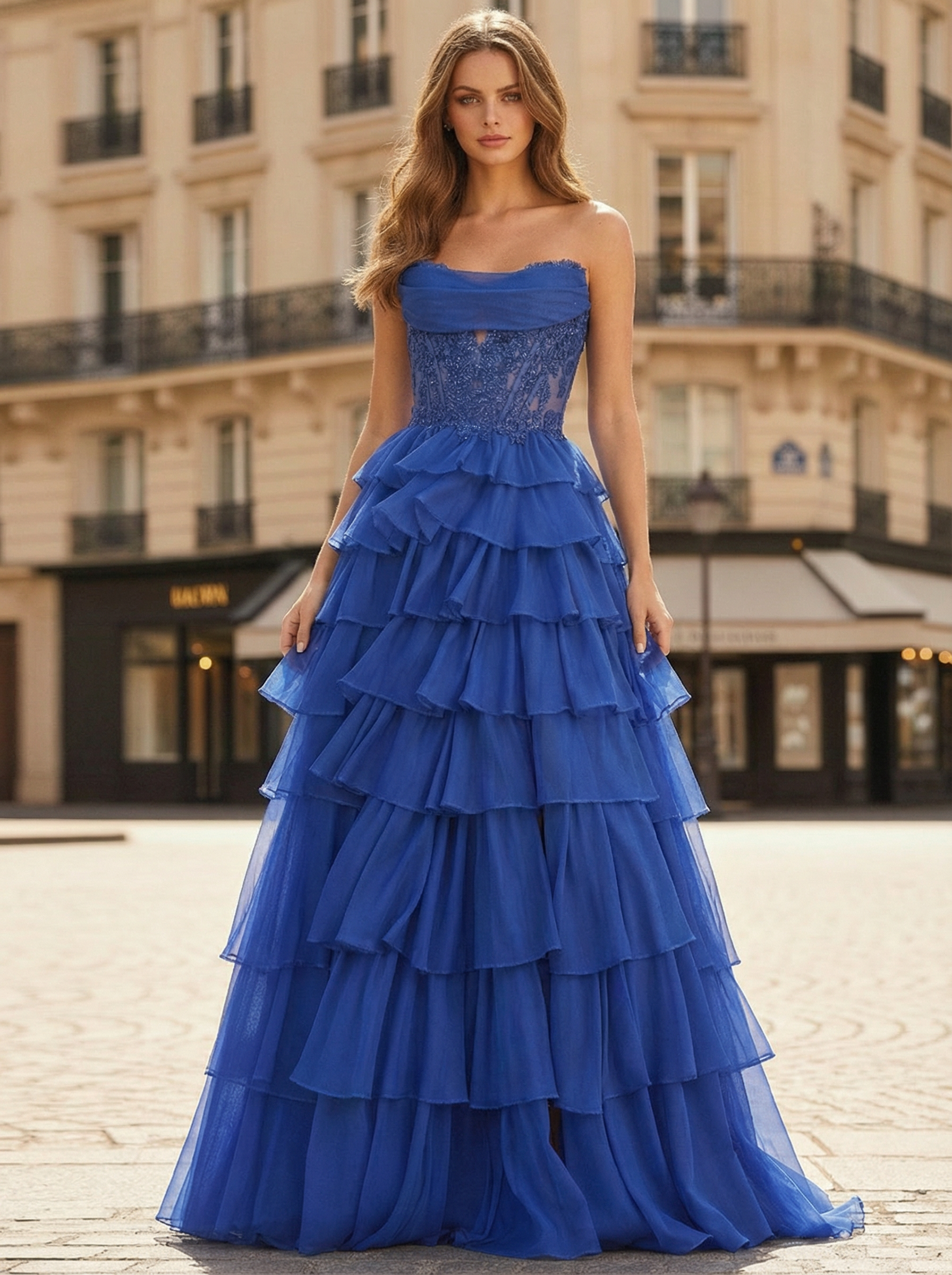 Vestido de baile azul royal chiffon em A com corpete e babados em camadas