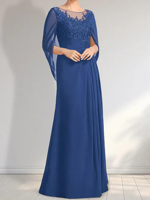 A-Linien Rundhals Illusions bodenlanges Spitzen-Chiffon Kleid für die Brautmutter mit plissierten Pailletten