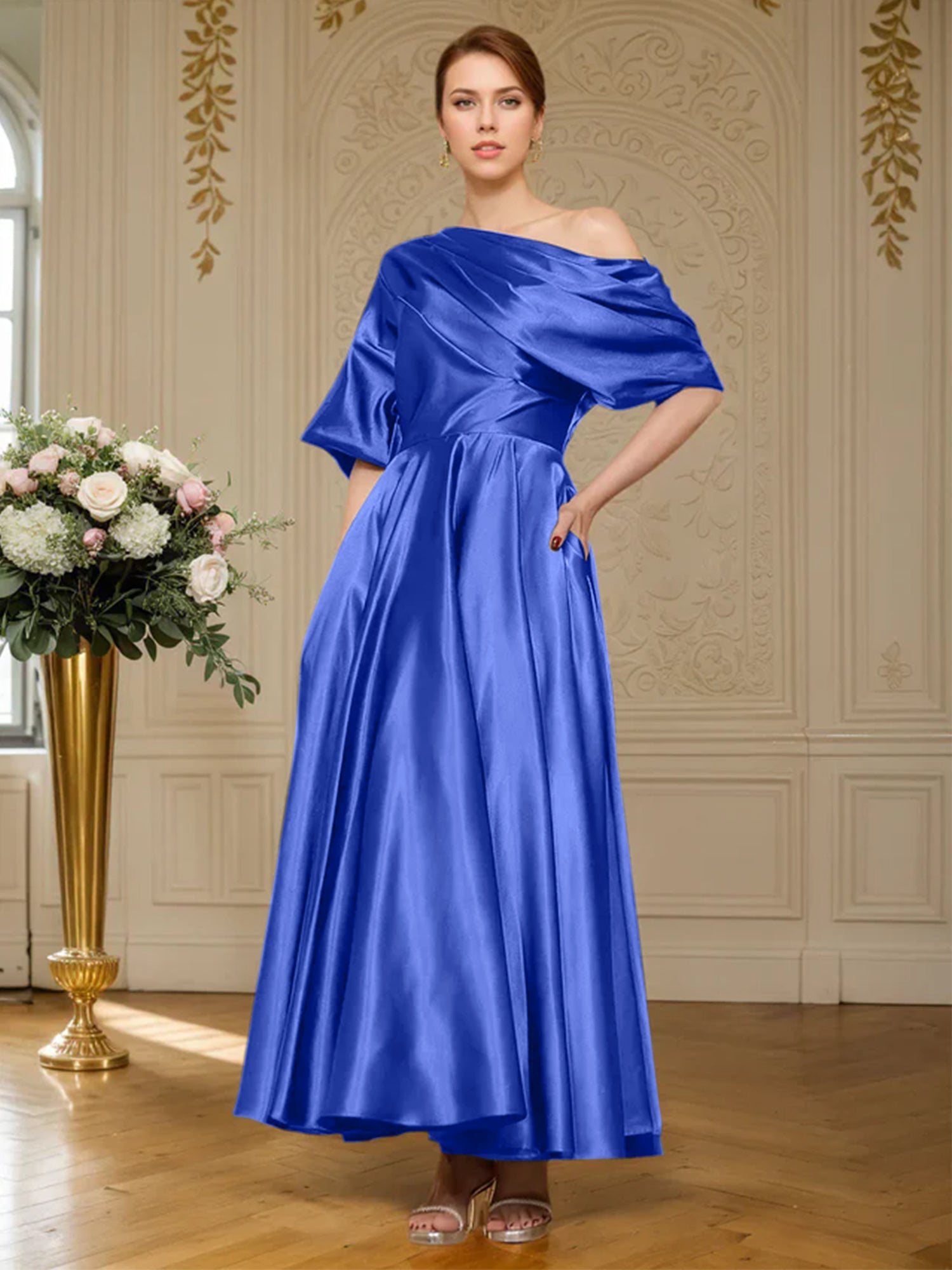 A-Linien Kurzarm plissiertes knöchellanges seidenähnliches Satin Kleid für die Brautmutter