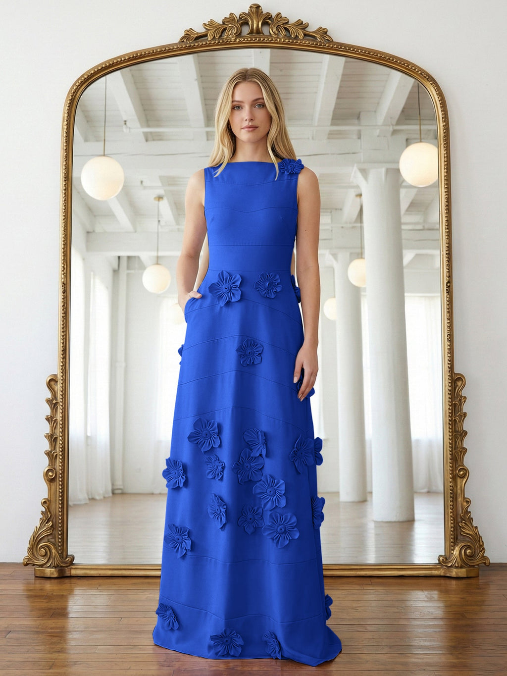 Lavendelfarbenes formelles Kleid mit U-Boot-Ausschnitt und herabfließenden 3D-Blumen
