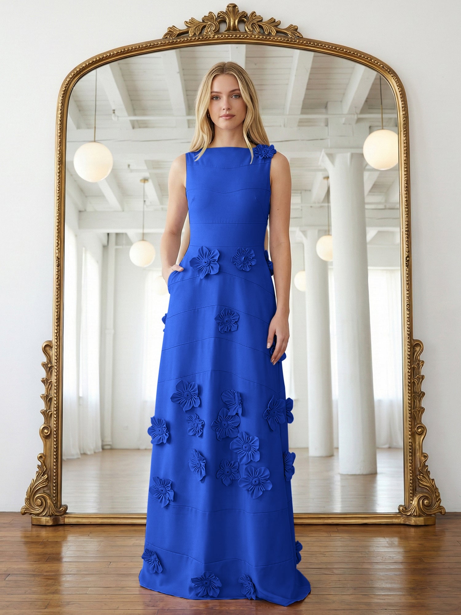 Lavendelfarbenes formelles Kleid mit U-Boot-Ausschnitt und herabfließenden 3D-Blumen