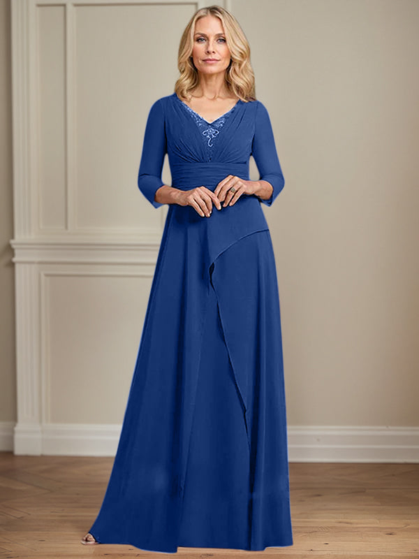 A-Linien Chiffon-Mutter-der-Braut-Kleid mit V-Ausschnitt, bodenlang, plissierte Perlenverzierung