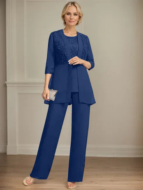 Combinaison/pantalon séparé en mousseline et dentelle, longueur au sol, col rond, robe mère de la mariée avec sequins