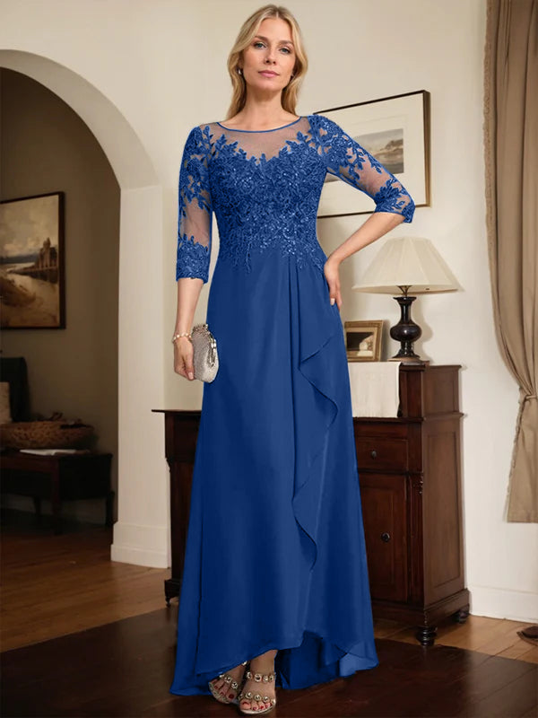 A-Linien Rundhals Illusions-Asymmetrische Spitze Chiffon Brautmutterkleid mit Pailletten und fallenden Rüschen
