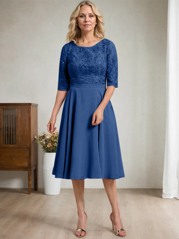 A-Linien Rundhalsausschnitt knielanges Spitzen-Chiffon Kleid für die Mutter der Braut