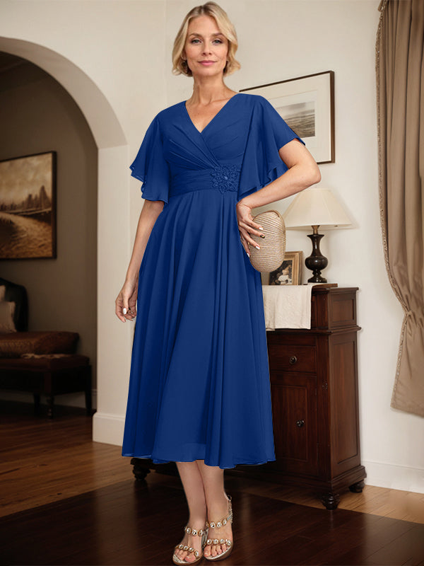 A-Linien Kleid mit V-Ausschnitt, tea-length Chiffon, Mutter der Braut mit plissierten Perlen