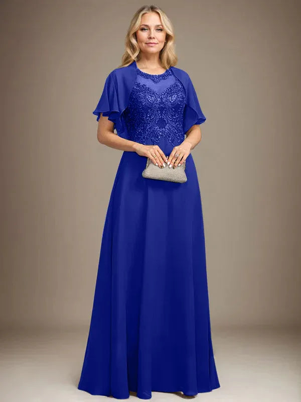 Vestido de madre de la novia de encaje y gasa con ilusión, escote redondo en línea A, largo hasta el suelo con lentejuelas