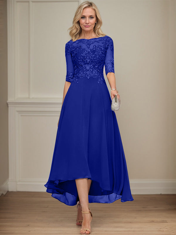 A-Linien Bootsausschnitt Illusionskleid mit asymmetrischem Chiffon-Spitzenstoff, Mutter-der-Braut-Kleid mit Paillettenperlen