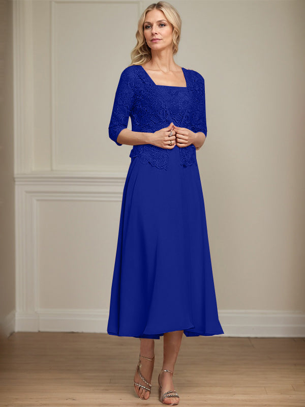 Robe de mère de la mariée en mousseline et dentelle ligne A longueur thé avec perles et sequins