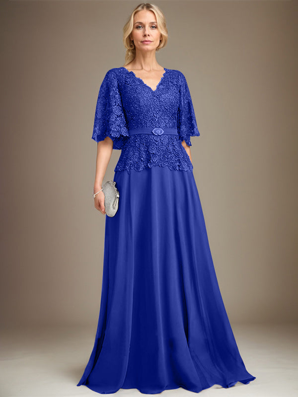 A-Linien V-Ausschnitt Bodenlanges Chiffon-Spitzen Mutter-der-Braut-Kleid mit Kristallbrosche und Strass