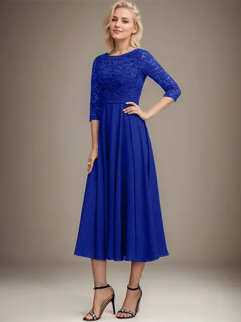 A-Linien Spitzen-Chiffon-Brautmutterkleid mit V-Ausschnitt, tea-length, mit Pailletten
