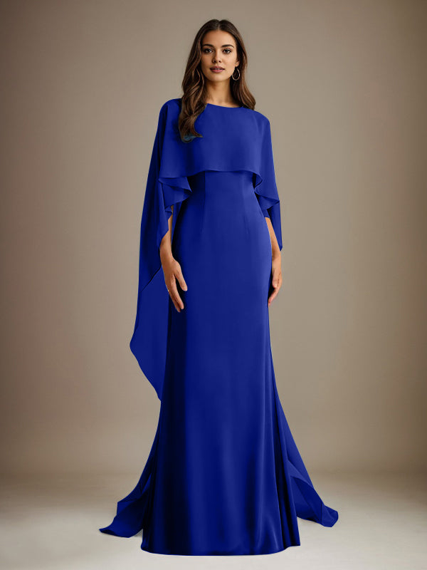 Etuikleid/Säulenkleid Bootsausschnitt bodenlanges Chiffon Mutter-des-Braut-Kleid mit kaskadierenden Rüschen