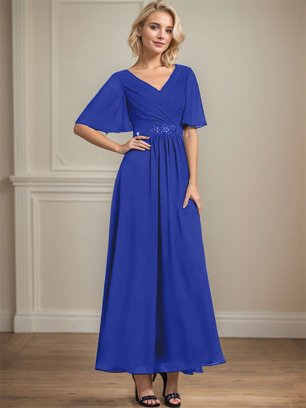 A-Linien V-Ausschnitt Knöchellanges Chiffon Kleid für die Brautmutter mit plissierten Perlen und Pailletten