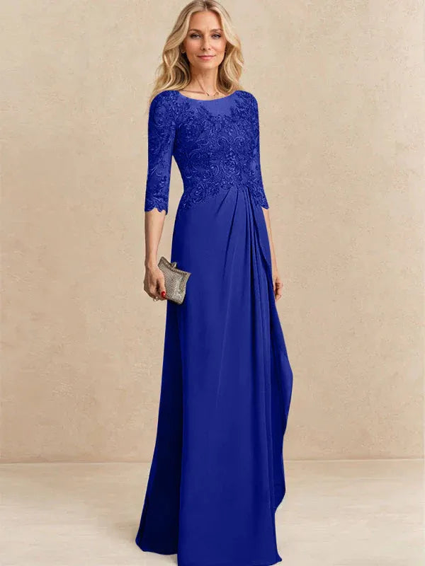 Vestido para la madre de la novia línea A con escote redondo ilusión, largo hasta el suelo, de gasa y encaje con cuentas, lentejuelas y volantes en cascada