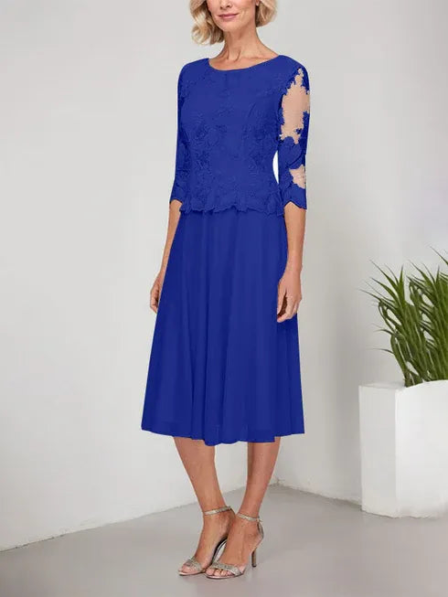 A-Linie Rundhals Tee-Länge Spitze Chiffon Mutter-der-Braut-Kleid mit Stickerei