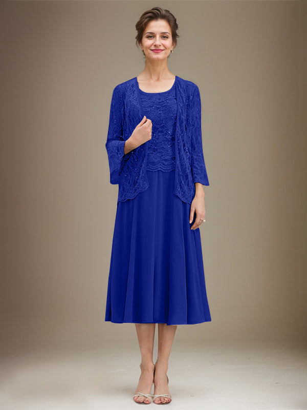 A-Linien Spitzen-Chiffon-Brautmutterkleid mit V-Ausschnitt, tea-length, mit Pailletten