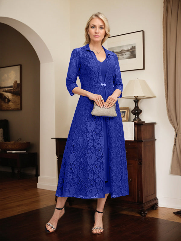 Robe mère de la mariée en mousseline longueur thé à encolure en V et coupe trapèze