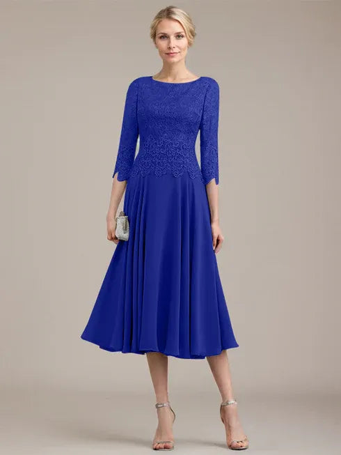 A-Linien Kleid mit Rundhalsausschnitt, tea-länge, Spitze und Chiffon, Mutter der Braut Kleid