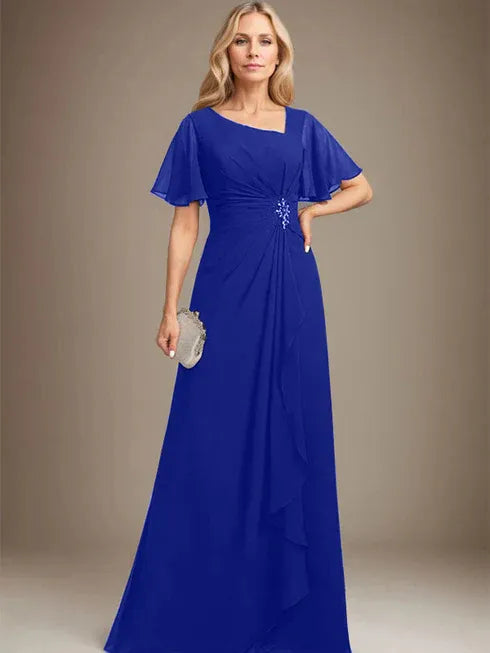 A-Linien asymmetrisches bodenlanges Chiffon Mutter-der-Braut-Kleid mit plissierten Perlen und Pailletten