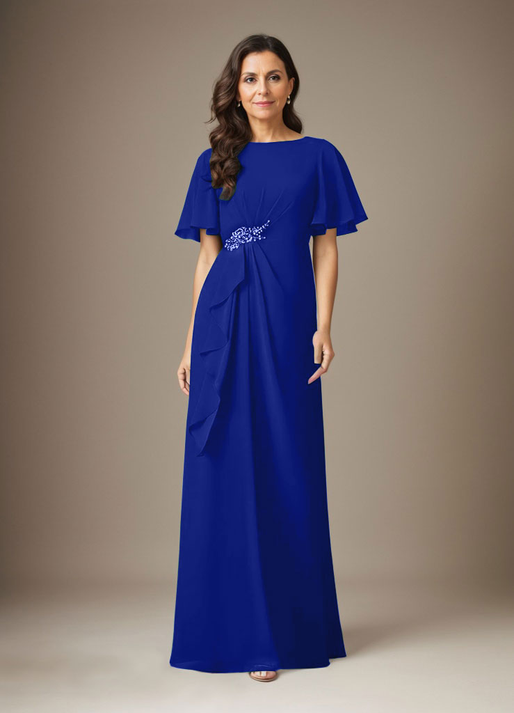 Dunkelmarineblaues Etuikleid mit Perlenbesatz aus Chiffon