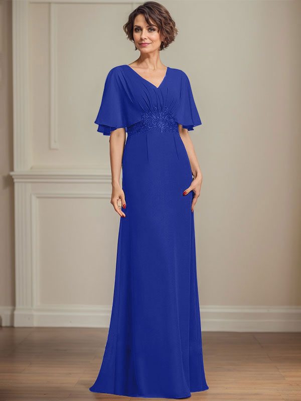 A-Linien Chiffon Mutter-der-Braut-Kleid mit V-Ausschnitt, bodenlang, mit plissierten Pailletten-Applikationen und Spitze