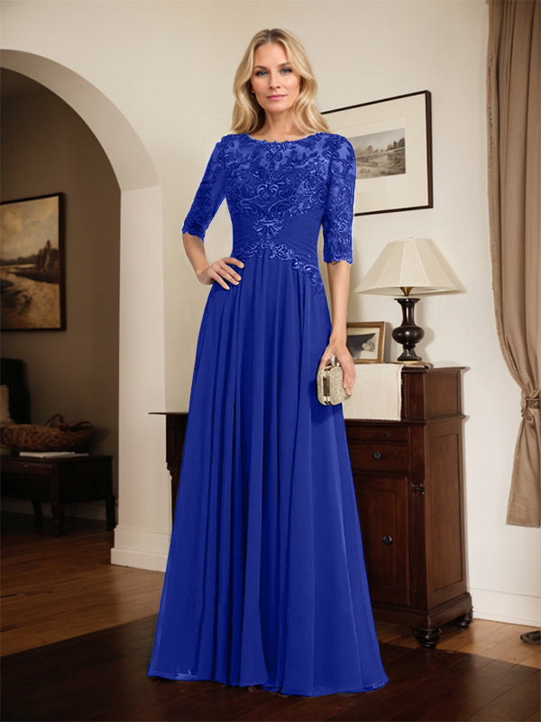 A-Linien Ausschnitt Illusions-Bodenlanges Chiffon-Spitzenkleid für die Mutter der Braut mit plissierten Pailletten