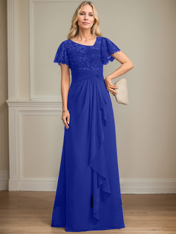 A-Linie asymmetrisches Illusions bodenlanges Spitzen-Chiffon Brautmutterkleid mit kaskadierenden Volants und Pailletten