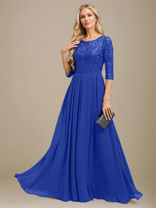 A-Line Scoop Floor-Length Lace Chiffon Mother Of the Bride Dress With Sequins Applique