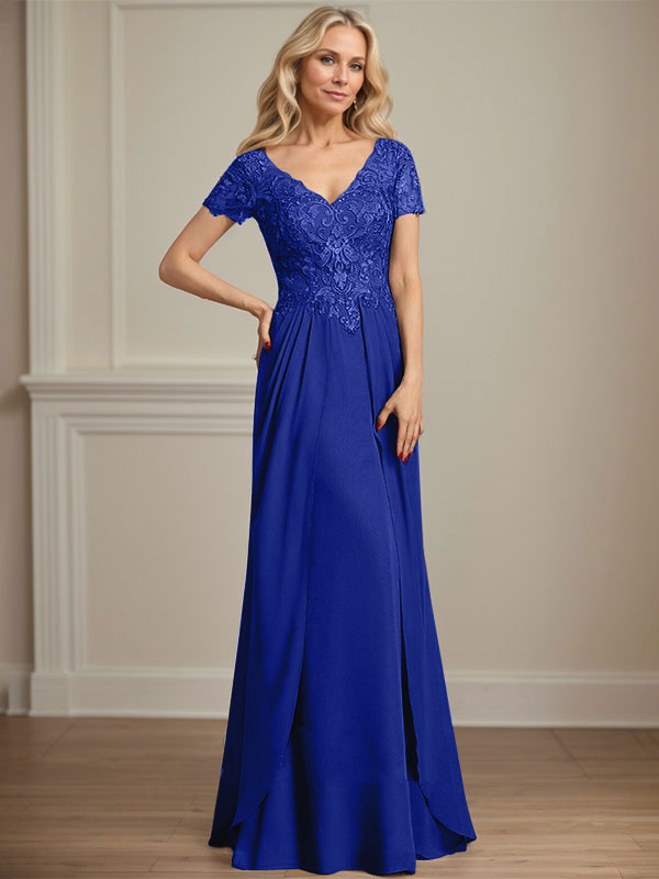 A-Linien Chiffon-Spitzen-Mutter-der-Braut-Kleid mit V-Ausschnitt, bodenlang