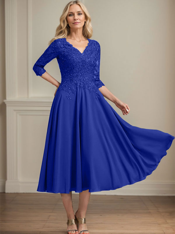 Robe de mère de la mariée en mousseline longueur thé, ligne A, col en V, en dentelle avec perles et sequins