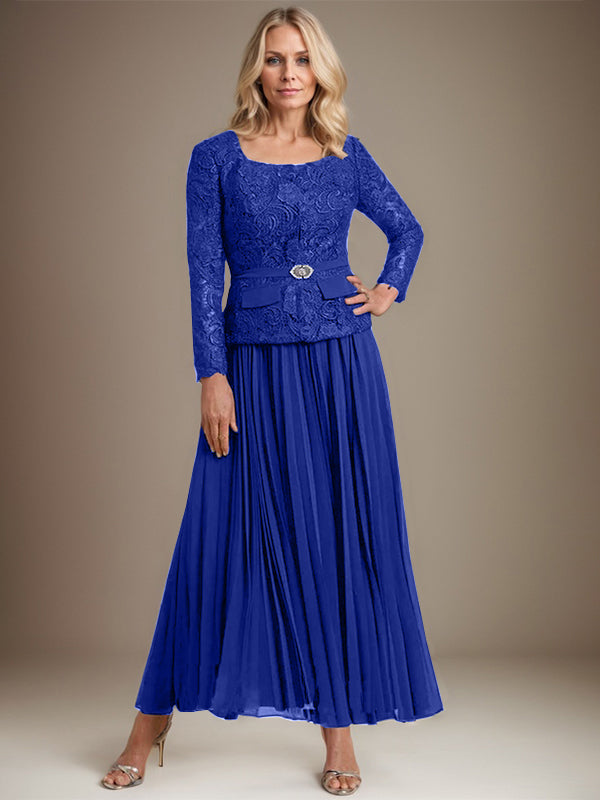 A-Linien-Kleid mit quadratischem Ausschnitt, knöchellang, Chiffon, Mutter der Braut, mit Falten