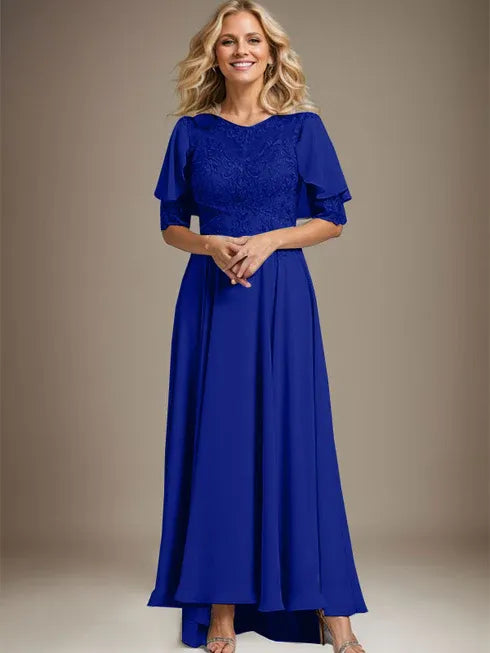 A-Linien Kleid mit Scoop-Ausschnitt, Illusion, asymmetrischem Chiffon und Spitzen, Mutter-der-Braut-Kleid mit Perlenbesatz