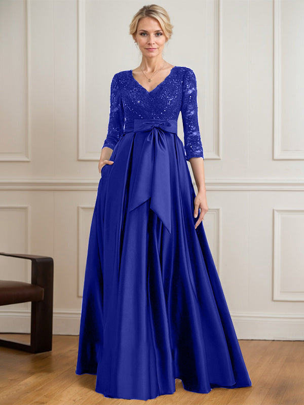 Robe mère de la mariée en satin et dentelle, coupe trapèze, col en V, longue avec nœud à sequins