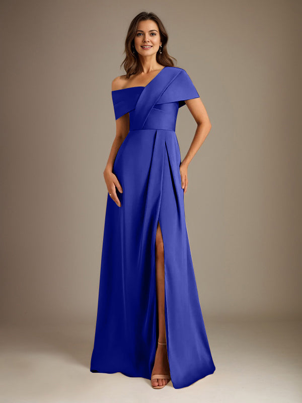 A-Linien asymmetrischer Ausschnitt bodenlanges Satin-Brautkleid für die Brautmutter mit Falten