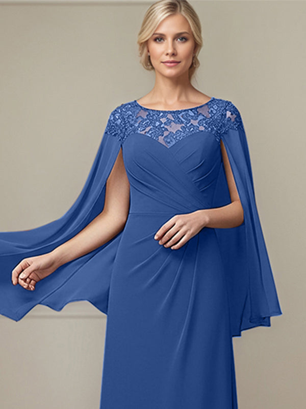 Vestido de madre de la novia azul real línea A con escote redondo ilusión, encaje y gasa con pliegues, largo hasta el suelo