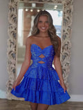 Royal Blue A Line Strapless Sweetheart Satin Homecoming Dress with Keyhole
