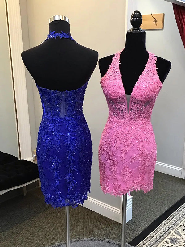 Robe courte moulante de bal en dentelle, col halter