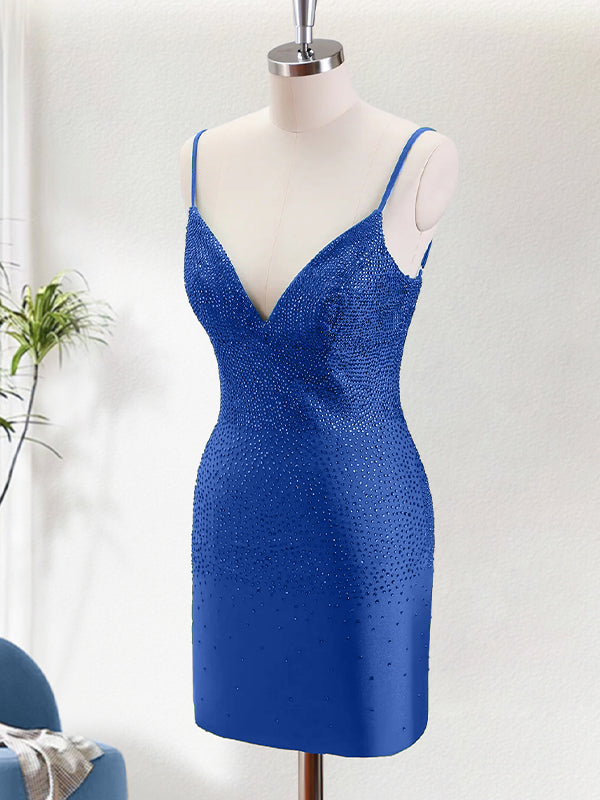 Royal Blue Bodycon Spaghetti Straps Backless Homecoming Dress with Beading