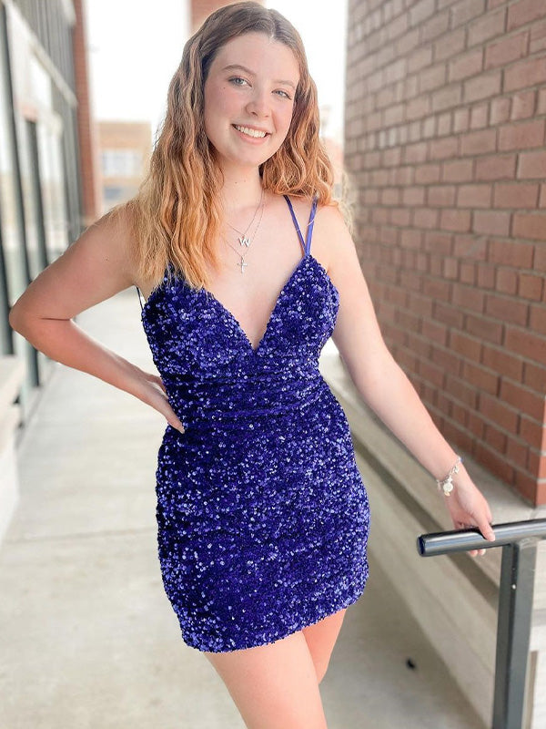 Royal Blue Sequined V Neck Spaghetti Straps Homecoming Dress